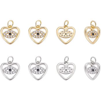 Nbeads 8Pcs 2 Colors Eco-Friendly Brass Micro Pave Clear Cubic Zirconia Charms, with Jump Ring, Long-Lasting Plated, Heart, Mixed Color, 13x12.5x2mm, 4pcs/color