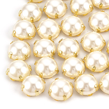 ABS Plastic Imitation Pearl Shank Buttons, with Brass Findings, Half Round, Creamy White, Golden, 10x10x6mm, Hole: 1.2mm