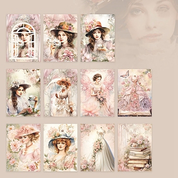 30Pcs 10 Styles Garden Girl Paper Sticker, for Scrapbooking, Travel Diary Craft, Pink, Packing: 75x115x5mm, 30pcs/set