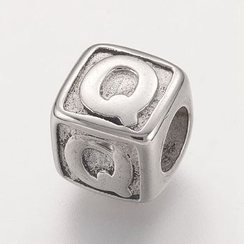 304 Stainless Steel European Beads, Horizontal Hole, Large Hole Beads, Cube with Letter.Q, 8x8x8mm, Hole: 4mm