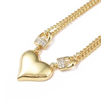 Clear Cubic Zirconia Heart with Padlock Pendant Necklace, Brass Jewelry for Women, Cadmium Free & Lead Free, Real 18K Gold Plated, 15.75 inch(40cm)