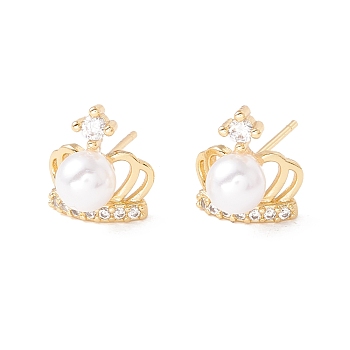 Clear Cubic Zirconia Crown Stud Earrings with Acrylic Pearl, Brass Jewelry for Women, Lead Free & Cadmium Free, Real 18K Gold Plated, 12x11mm, Pin: 0.8mm
