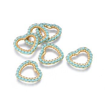 MIYUKI & TOHO Handmade Japanese Seed Beads, with 304 Stainless Steel Link Rings, Loom Pattern, Heart, Golden, Pale Turquoise, 13.5~14x15x1.8~2mm