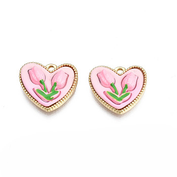 Rack Plating Spray Painted Alloy Charms, with Enamel, Cadmium Free & Lead Free, Heart with Tulip Flower, Pearl Pink, 13x14.5x4.5mm, Hole: 1.4mm