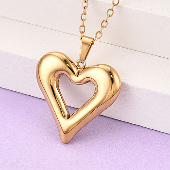 304 Stainless Steel Pendant Necklaces, Heart, Ion Plating(IP), Real 18K Gold Plated, 17.72~18.11 inch(45~46cm)