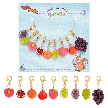 Resin Imitation Fruit Theme Stitch Markers, Crochet Lobster Clasp Charms, Locking Stitch Marker with Wine Glass Charm Ring, Pomegranate/Grape/Peach, Mixed Color, 2.8~3.8cm, 9 style, 2pcs/style, 18pcs/set