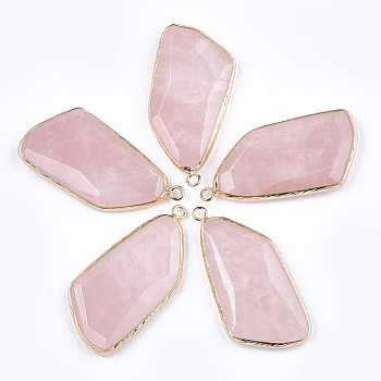 Natural Rose Quartz Pendants, with Brass Findings, Faceted, Golden, 43~47x22x6~7mm, Hole: 2mm
