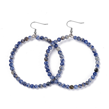 Natural Blue Spot Jasper Dangle Earrings, with Stainless Steel Hook, Ring, 60~61x44mm, Pin: 0.6mm