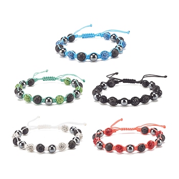 Synthetic Hematite & Natural Lava Rock Braided Bead Bracelet with Rhinestone Disc Ball, Essential Oil Gemstone Jewelry for Women, Mixed Color, Inner Diameter: 2-1/4 inch~3-3/4 inch(5.8~9.4cm)