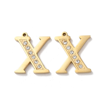 Real 14K Gold Plated 304 Stainless Steel Pendants, with Rhinestone, Letter X, 18x15.5x2mm, Hole: 1.2mm