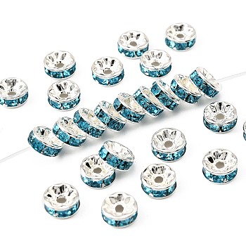 Brass Grade A Rhinestone Spacer Beads, Silver Color Plated, Nickel Free, Rondelle, Aquamarine, 8x3.8mm, Hole: 1.5mm