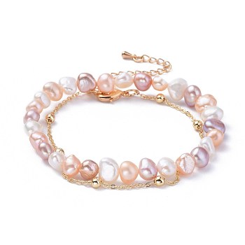 Bracelet Sets, Natural Pearl Beaded Stretch Bracelets & Brass Cable Chains Bracelets, Packing Box, Misty Rose, 2 inch(5cm), 7-7/8 inch(20cm), 1.5mm, 2pcs/set