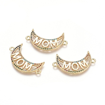 Brass Micro Pave Cubic Zirconia Links connectors, Moon with Word MOM, for Mother's Day, Colorful, Golden, 15.5x27x2.5mm, Hole: 1.6mm