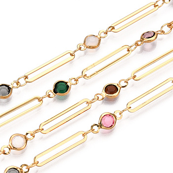 Real 16K Gold Plated Brass Oval Link Chains, with Flat Round Glass Beaded, Soldered, with Spool, Colorful, 16x3x0.05mm, 10x4.5x2mm