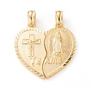 Brass Split Pendants, Long-Lasting Plated, Heart with Virgin Mary & Jesus & Word Te Amo, Real 18K Gold Plated, 25x12x2mm, Hole: 5x3mm, 2pcs/set(ZIRC-Z007-06G)