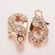 Alloy Glass Rhinestone Lobster Claw Clasps, Rose Gold, 21x12.5x7mm, Hole: 2.5mm(ZIRC-F022-63RG)