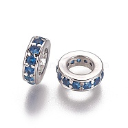 Brass Cubic Zirconia European Beads, Large Hole Beads, Ring, Platinum, Cornflower Blue, 7.5x2.5mm, Hole: 4.5mm(KK-E772-02A-P)