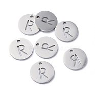 201 Stainless Steel Charms, Flat Round with Letter, Stainless Steel Color, Letter.R, 12x1mm, Hole: 1.5mm(STAS-Q201-T051-R)