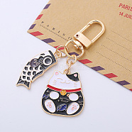Alloy Enamel Pendant Keychain, with Alloy Swivel Clasps, Koi Fish with Fortune Cat, Black, 6.5cm(KEYC-PW0002-101A)