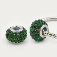 Resin Rhinestone European Beads, Large Hole Beads, Rondelle, Platinum Metal Color, Emerald, 15x10mm, Hole: 5mm(MPDL-J018-14P)