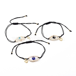 Adjustable Nylon Thread Braided Bead Bracelets, with 304 Stainless Steel Charms and Evil Eye Natural Freshwater Shell Beads, Evil Eye Lampwork Round Beads, Black, Inner Diameter: 1-1/2~4 inch(3.8~10.2cm)(BJEW-JB06262)