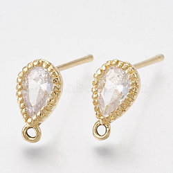 Brass Cubic Zirconia Stud Earring Findings, with Loop, Teardrop, Clear, Real 18K Gold Plated, 9.5x5.5mm, Hole: 1mm, Pin: 0.8mm(KK-T035-05)