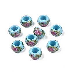 Flower Printed Opaque Acrylic Rondelle Beads, Large Hole Beads, Sky Blue, 15x9mm, Hole: 7mm(SACR-S305-27-E04)