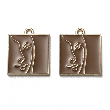 Alloy Enamel Pendants, Cadmium Free & Lead Free, Square with Woman Face Pattern, Light Gold, Brown, 21.5x18.5x1.5mm, Hole: 1.8mm