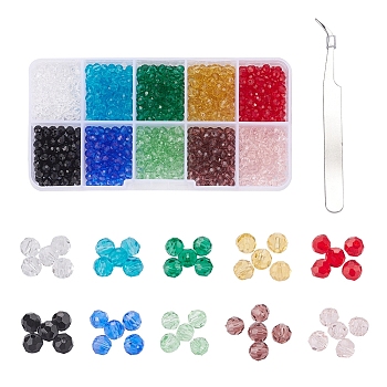 DIY Jewelry Bracelets Making Kits, Including 1000Pcs 10 Color Faceted Glass Beads, 410 Stainless Steel Pointed Tweezers, Mixed Color, 4mm, Hole: 1mm, 100pcs/color