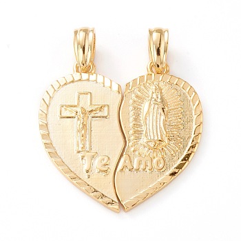 Brass Split Pendants, Long-Lasting Plated, Heart with Virgin Mary & Jesus & Word Te Amo, Real 18K Gold Plated, 25x12x2mm, Hole: 5x3mm, 2pcs/set