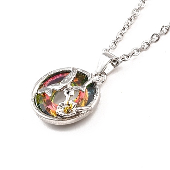 Hummingbird and Flower Donut Pendant Necklace for Women, Platinum, Colorful, 19.69 inch(50cm)