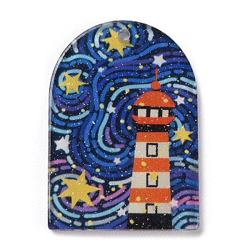 Acrylic Pendants, Arch with Tower  Pattern, Orange, 39.5x27.5x2mm, Hole: 2mm