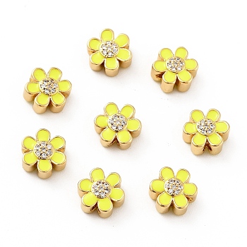 Flower Brass Micro Pave Clear Cubic Zirconia Beads, Real 18K Gold Plated, with Enamel, Cadmium Free & Nickel Free & Lead Free, Yellow, 10x9x5mm, Hole: 1.8mm