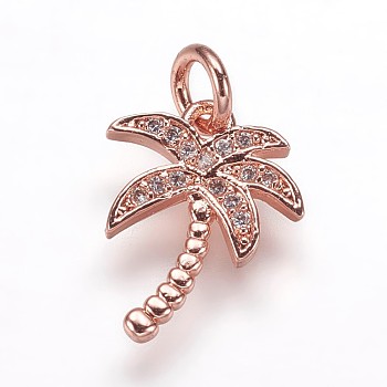 Brass Micro Pave Cubic Zirconia Pendants, Coconut Tree Charms, Rose Gold, 14x10x1.5mm, Hole: 3mm