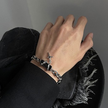 Stainless Steel Charm Bracelets, Double Layered Twine Gem Jewelry for Unisex, Cross, Black, 7-7/8 inch(20cm)
