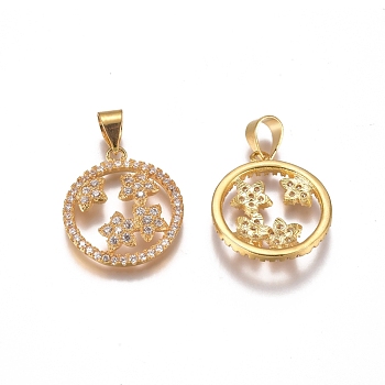 Brass Micro Pave Cubic Zirconia Pendants, Ring with Flower, Clear, Golden, 18.5x16x3mm, Hole: 4x5.5mm