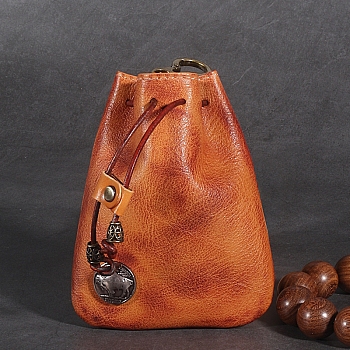Leather Pouches, Coin Pouch, Drawstring Bag for Men, Chocolate, 13x10.5cm