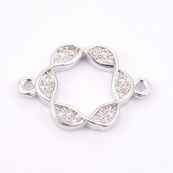 Brass Micro Pave Cubic Zirconia Links, Clear, Long-Lasting Plated, Flower, Platinum, 13x19x2mm, Hole: 1mm