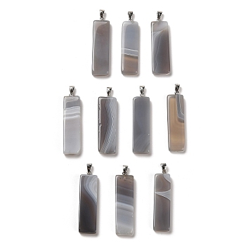Natural Grey Agate Pendants, Rectangle Charms with Platinum Plated Iron Snap on Bails, 52.5~55.5x16~16.5x6~7mm, Hole: 3.5x6.7mm