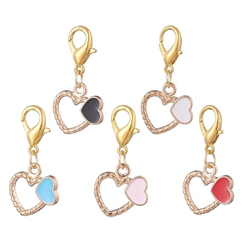 Alloy Enamel Pendant Decorations, with Lobster Claw Clasps, for Keychain, Purse, Backpack Ornament, Heart, Mixed Color, 34mm, 5pcs/set