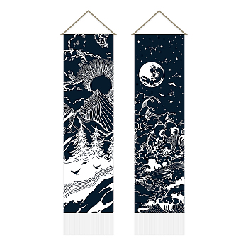 Moon & Sun Pattern Polyester Decorative Wall Tapestrys, for Home Decoration, with Wood Bar, Rope, Rectangle, Mountain Pattern, 1300x330mm, 2pcs/set