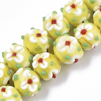 Handmade Lampwork Beads Strands, Flower, Yellow Green, 11~12x11~12x10mm, Hole: 1.5mm, about 45pcs/strand, 17.72 inch(45cm)