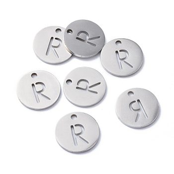 201 Stainless Steel Charms, Flat Round with Letter, Stainless Steel Color, Letter.R, 12x1mm, Hole: 1.5mm