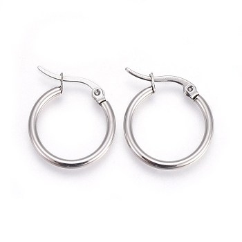 304 Stainless Steel Hoop Earrings, Hypoallergenic Earrings, Ring Shape, Stainless Steel Color, 17x15x2mm, 12 Gauge, Pin: 1mm