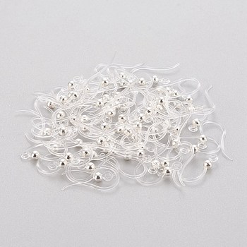Eco-Friendly Plastic Earring Hooks, with 304 Stainless Steel Beads and Horizontal Loop, Round, Silver, 15.5x8x0.7mm, Hole: 1.2mm, 24 Gauge, Pin: 0.5mm