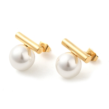 304 Stainless Steel Studs Earrings, with Pearl Shell, Jewely for Women, Round, Real 18K Gold Plated, 13x14mm