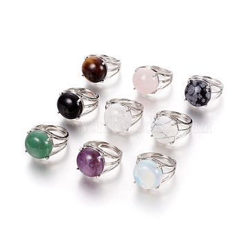 Adjustable Natural & Synthetic Gemstone Finger Rings, with Platinum Brass Findings, Half Round, 17.5~18mm(RJEW-O033-F-1)