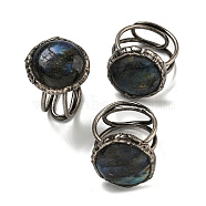 Natural Labradorite Adjustable Rings, with Antique Silver Brass Findings, Jewely for Unisex, Round, Adjustable(RJEW-K269-06AS)