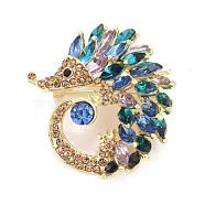 Rhinestone Hedgehog Badge, Animal Alloy Lapel Pin for Backpack Clothes, Golden, Blue Zircon, 44x40x12mm, Pin: 0.7mm(JEWB-E013-02G-02)