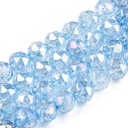 Transparent Electroplate Glass Beads Strands, AB Color Plated, Faceted, Round, Light Sky Blue, 8x7.5mm, Hole: 1.8mm, about 50pcs/strand, 14.96''(38cm)(EGLA-N006-077B)